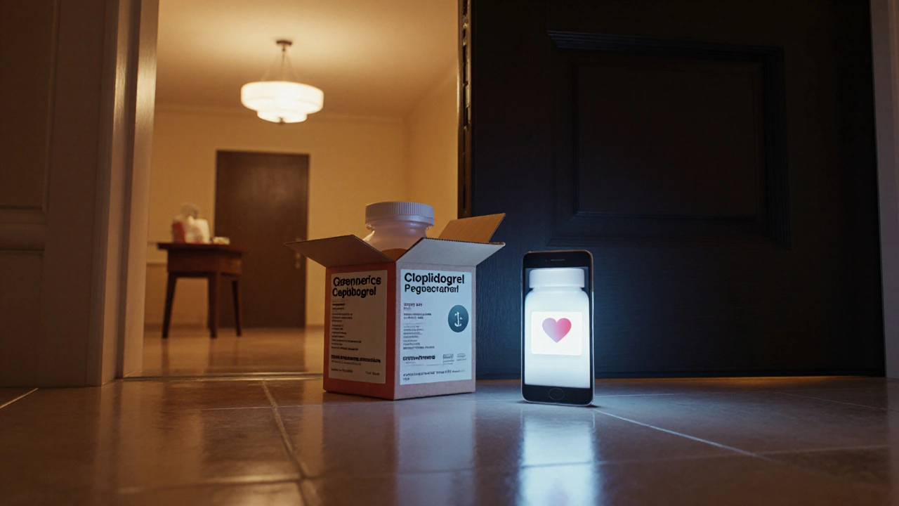 3D scene of a delivery box open with pill bottle and phone showing a heart reminder.