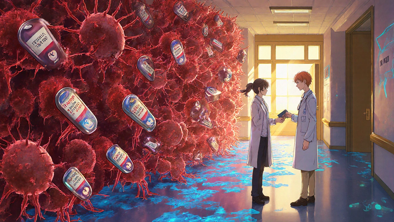 A doctor gives a prescription that turns into knights, while resistant bacteria grow spikes on a wall behind them.