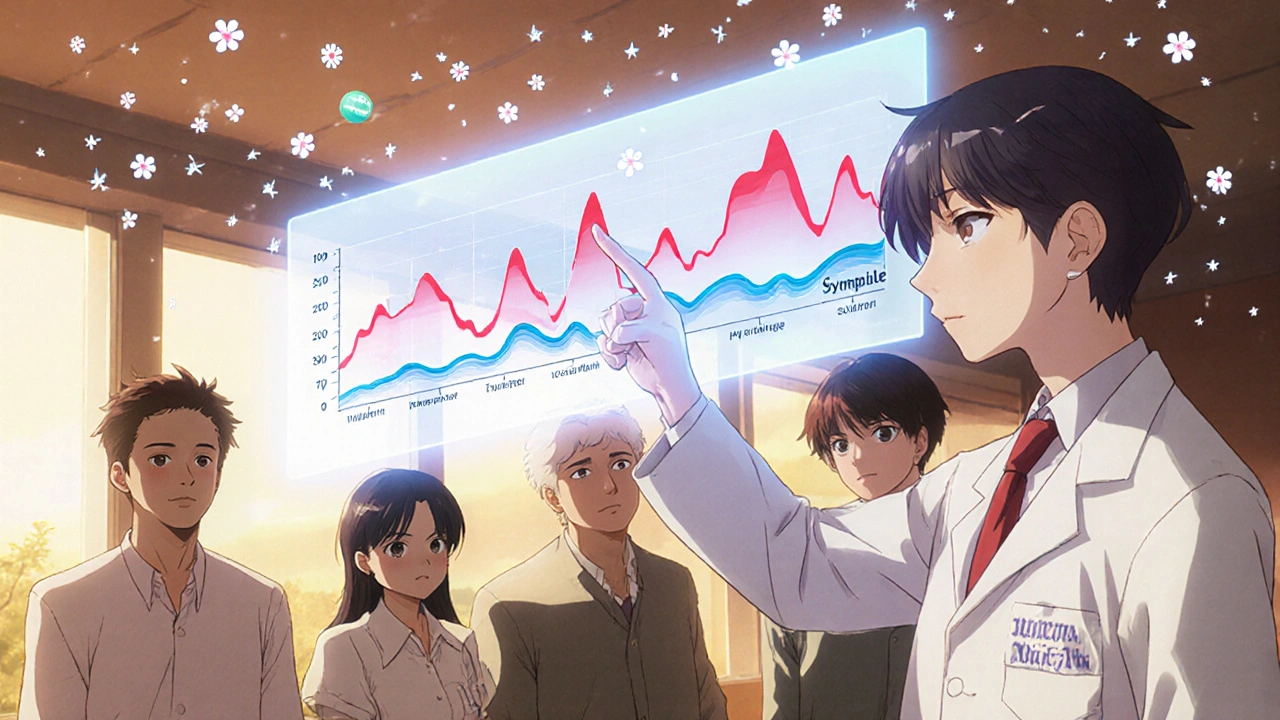 A doctor shows a glowing symptom timeline to patients, with cherry blossom-like 90% nocebo symbols drifting in the air.