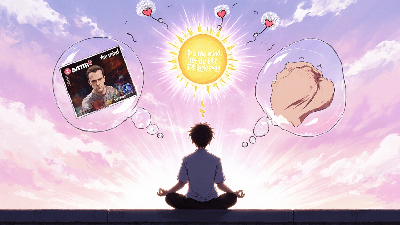 A person meditates at sunrise as thought bubbles reveal the truth about statin side effects, with heart-shaped seeds floating away.