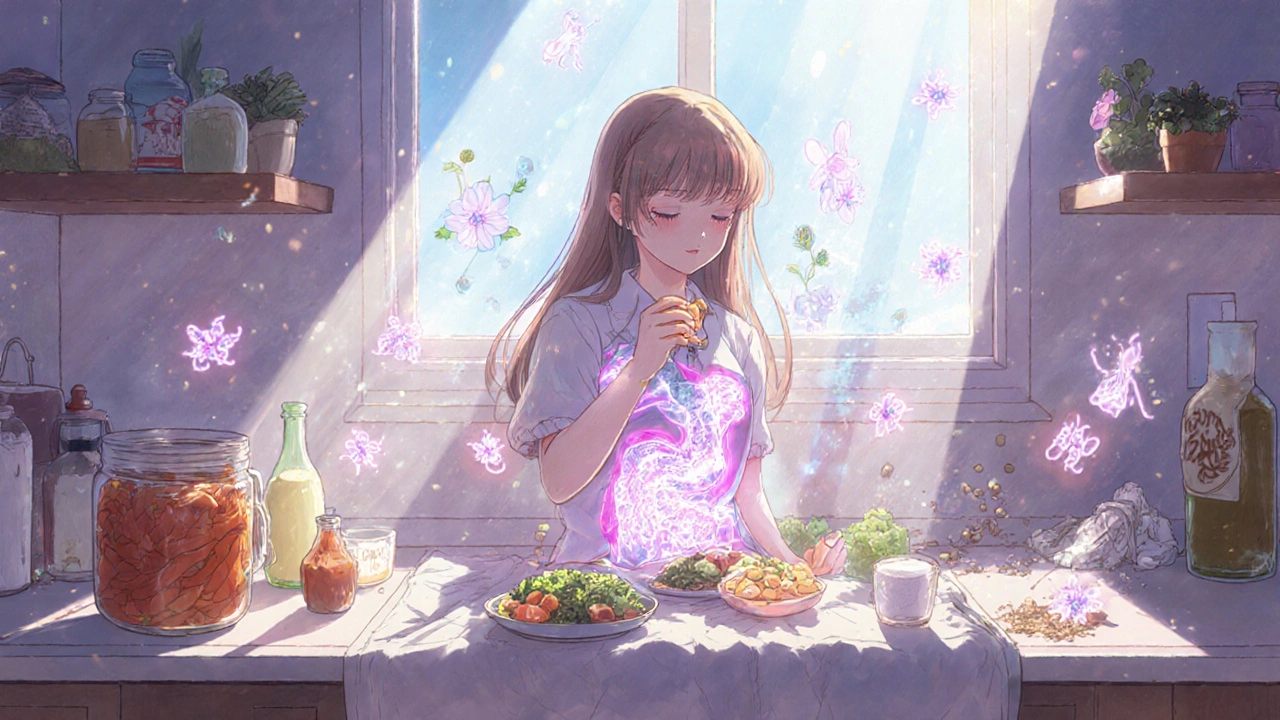 A woman eats fermented foods as a glowing healthy microbiome blooms inside her, with an antibiotic bottle turning to dust.