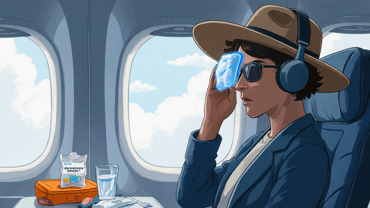 Airplane passenger using a cold pack, headphones, and medication during a migraine.