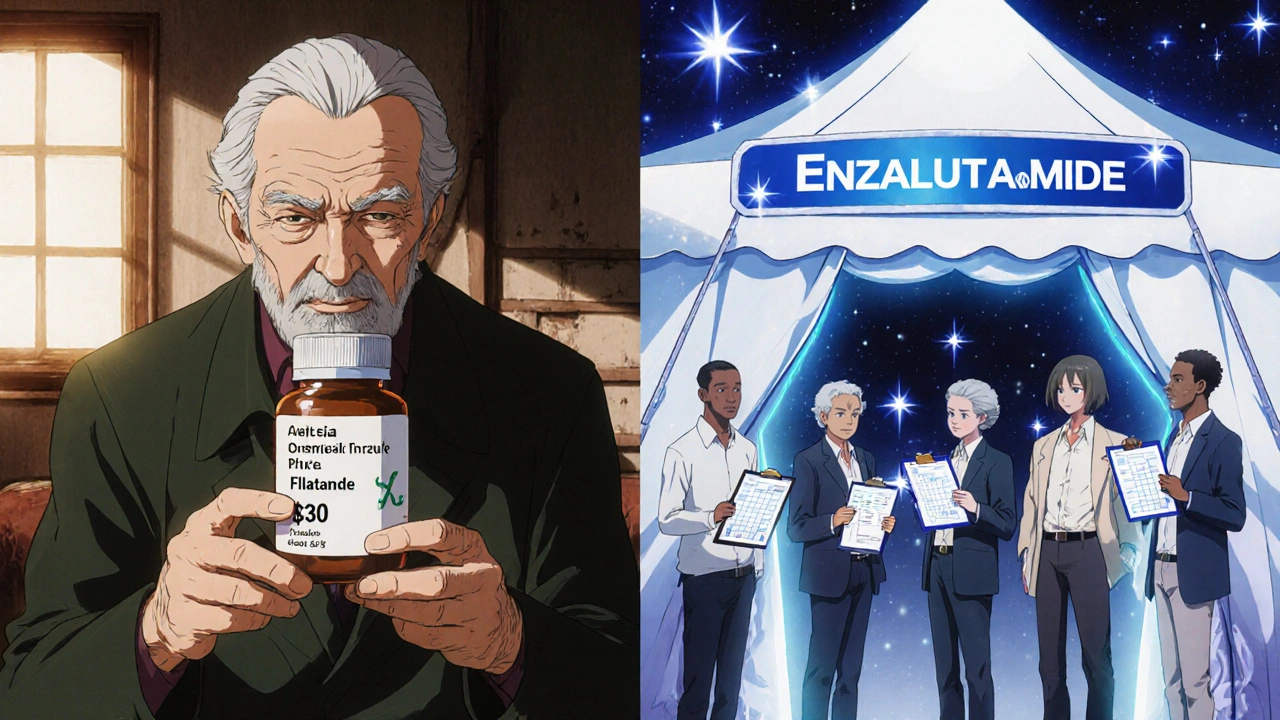 An elderly man holds cheap flutamide at home while diverse patients gather at a clinical trial tent, contrasting with expensive drugs in a distant clinic.