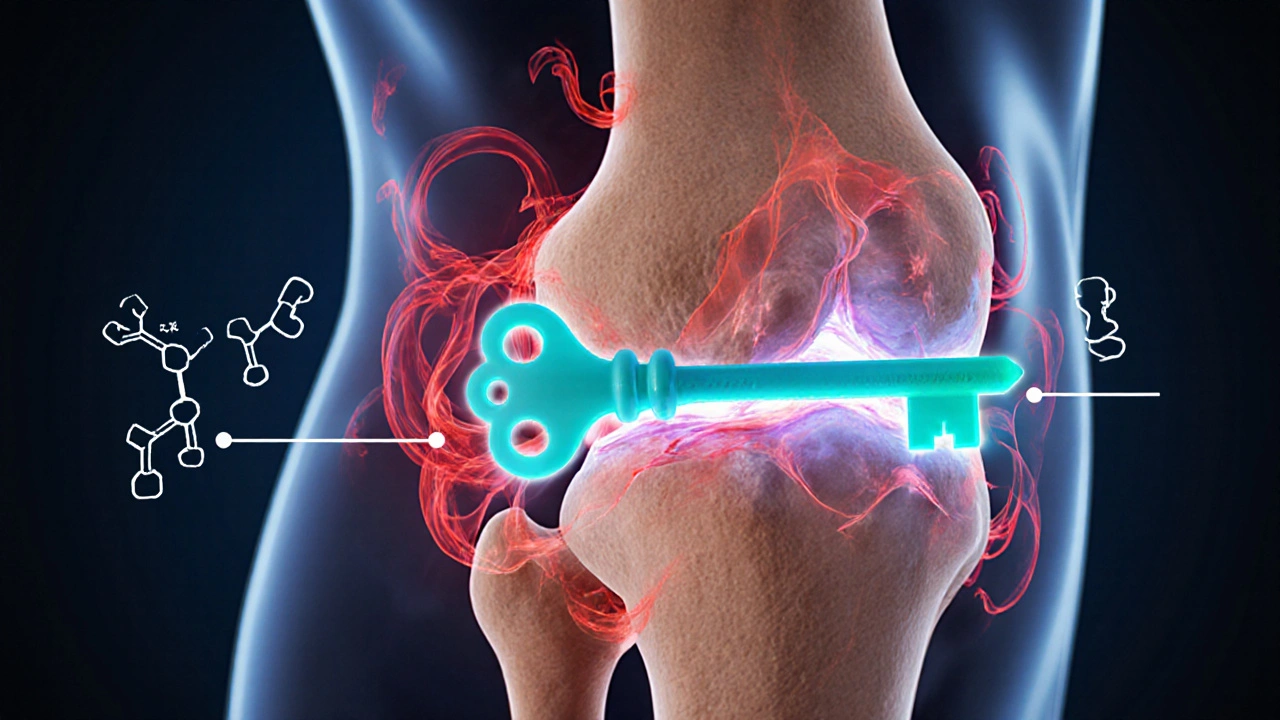 Anatomical illustration of a joint with COX‑2 selective drug blocking inflammation.