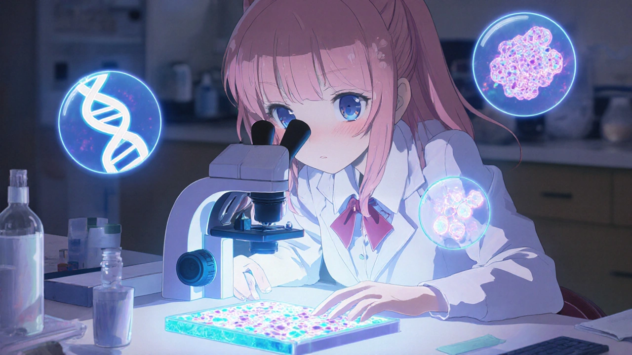 Anime heroine examining a glowing microscope slide with floating DNA and cell icons.