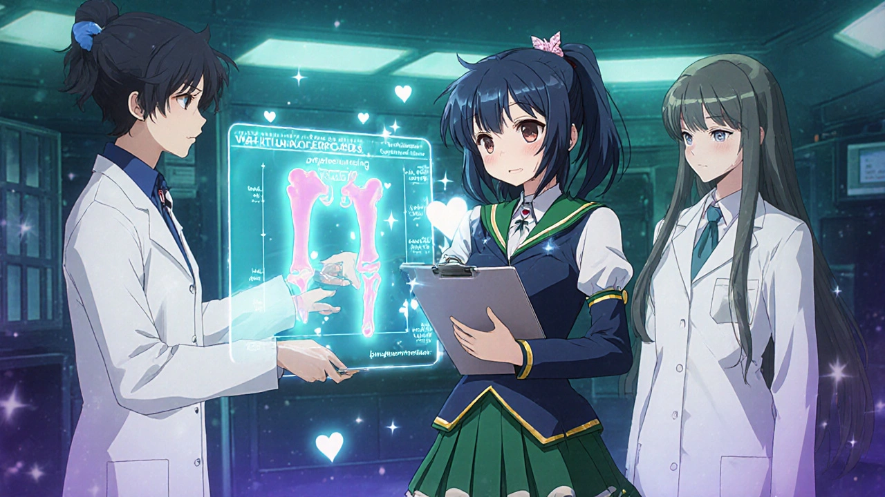 Anime scientists give a magical girl a chart showing rising bone density.