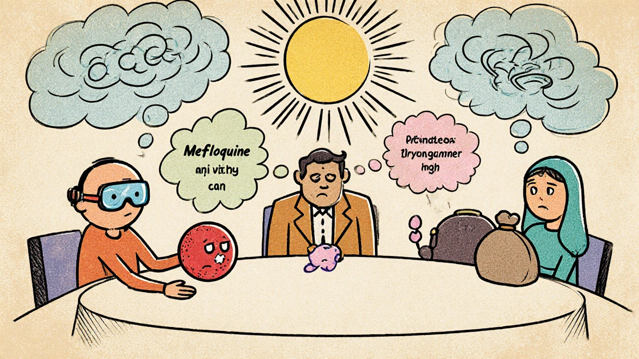 Anthropomorphic drug characters displaying their side effects without text.