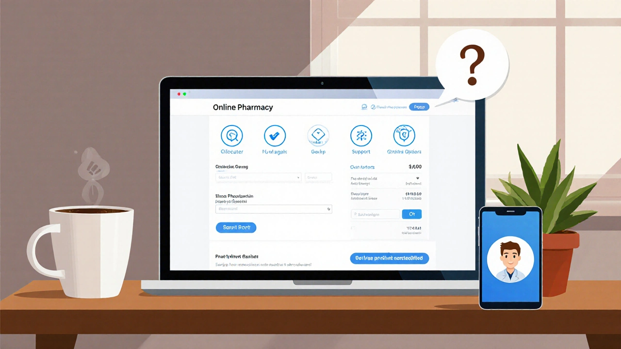 Digital illustration of laptop checkout page with accreditation icons and pharmacist chat.
