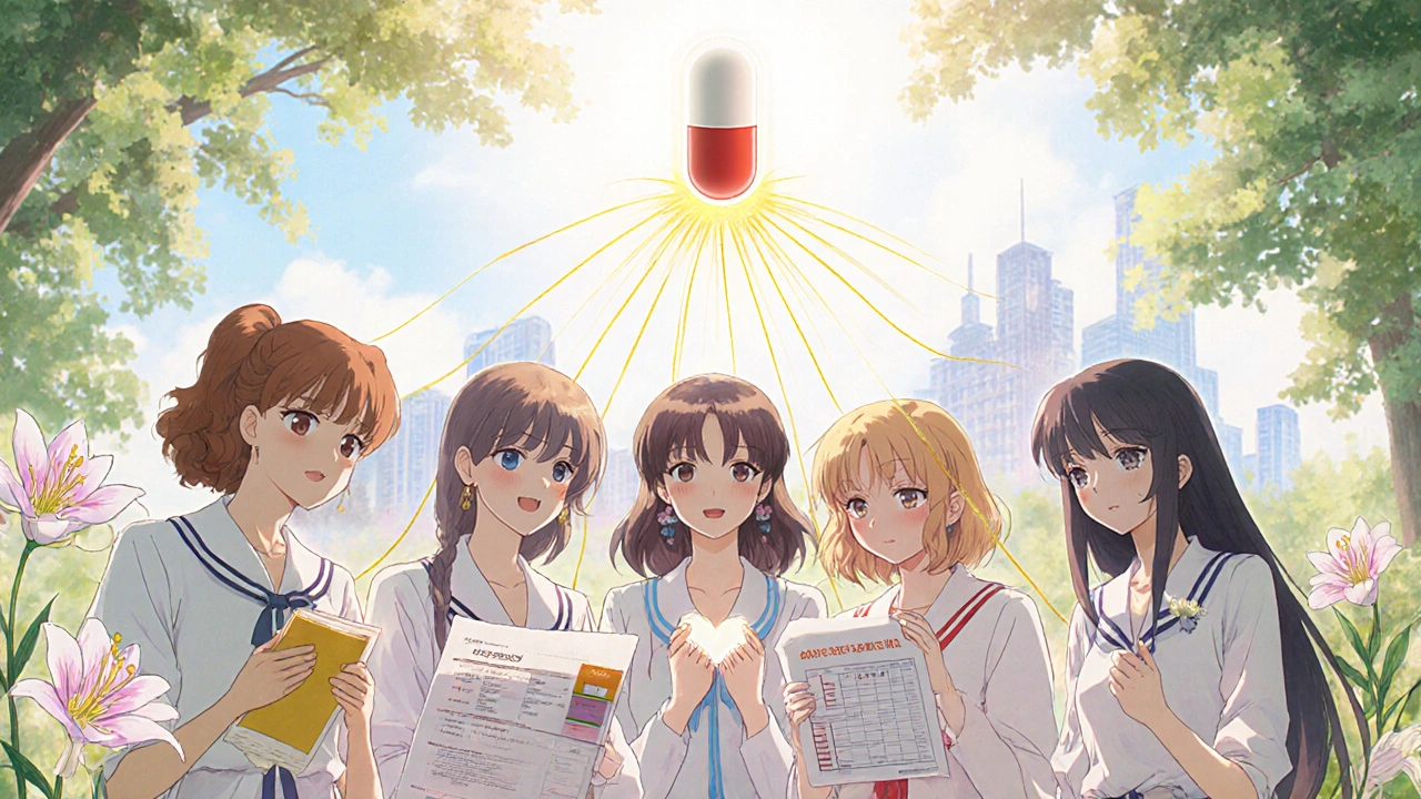 Diverse women stand in a garden, connected by golden threads to a floating atorvastatin pill symbolizing hope.