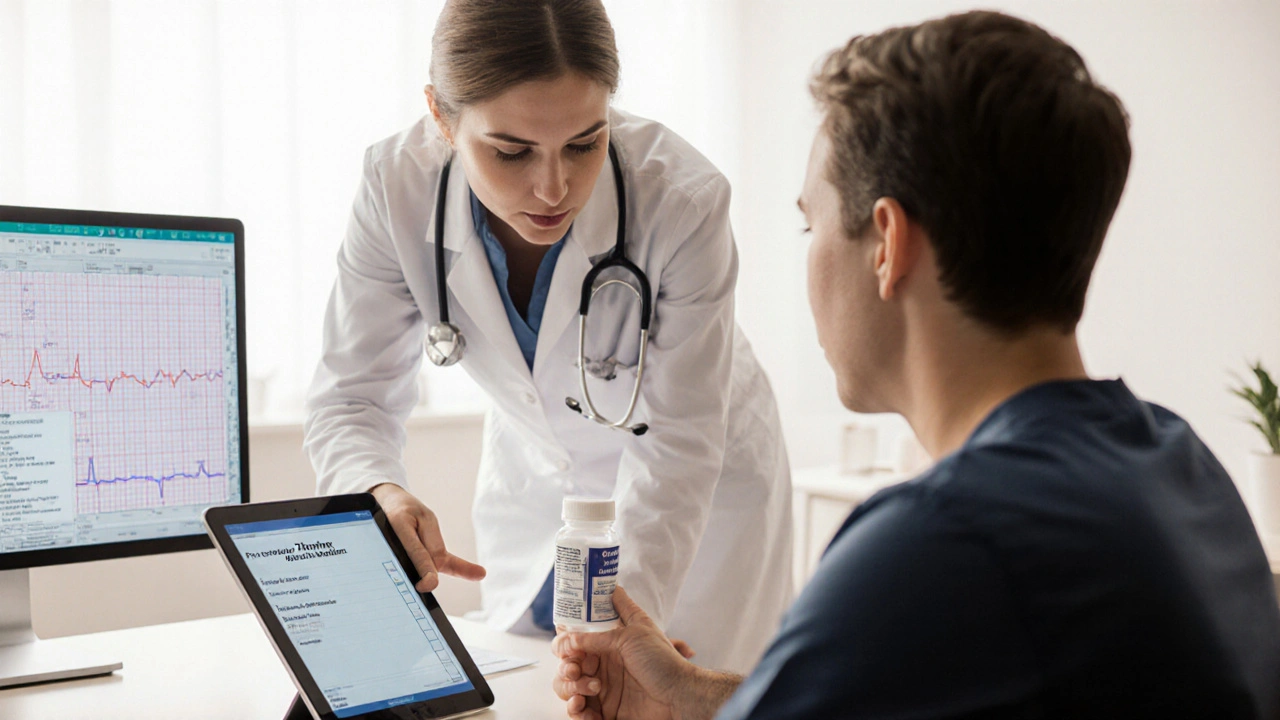 Doctor and patient discussing treatment, with Zithromax bottle and subtle health cues.