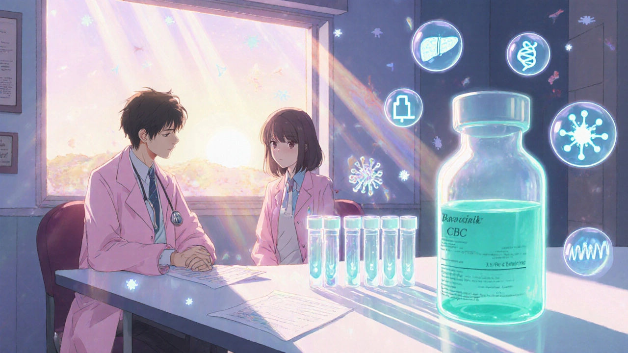 Doctor and patient review glowing lab test icons beside a turquoise Baricitinib vial in a hopeful clinic.