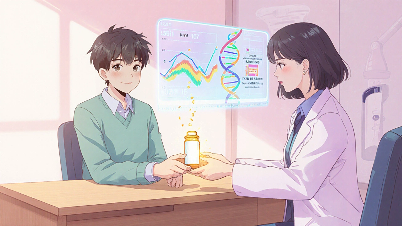Doctor gives a patient an azathioprine pill with holographic monitoring visuals.