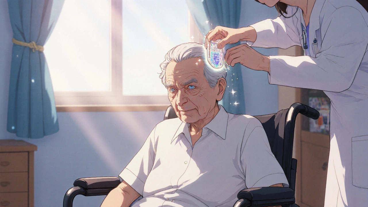 Elderly patient in a wheelchair with caregiver adjusting a glowing DBS implant.