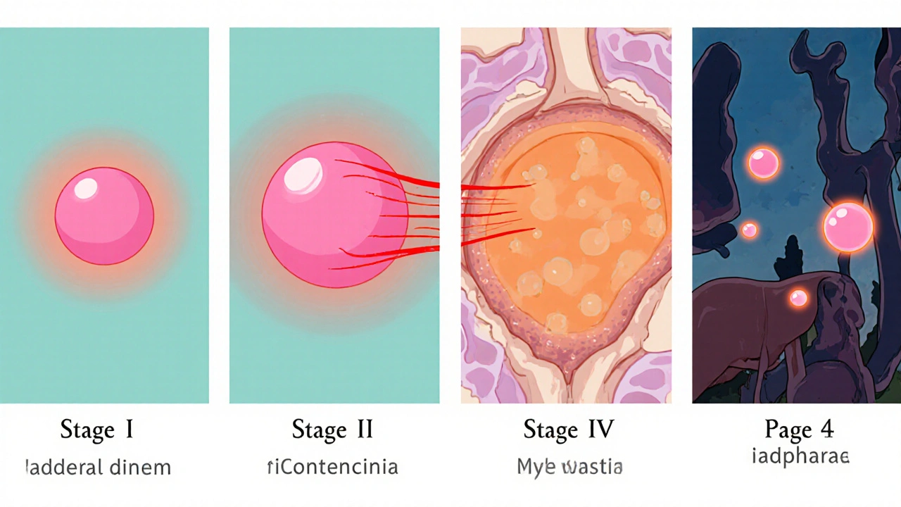 Four anime panels showing adrenal tumor growth from small to metastatic.