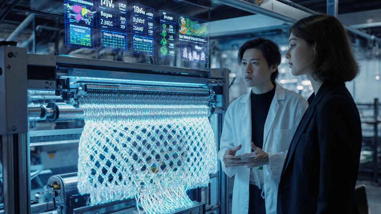 Futuristic lab with an AI knitting machine creating a low‑density fabric, holographic data displayed.