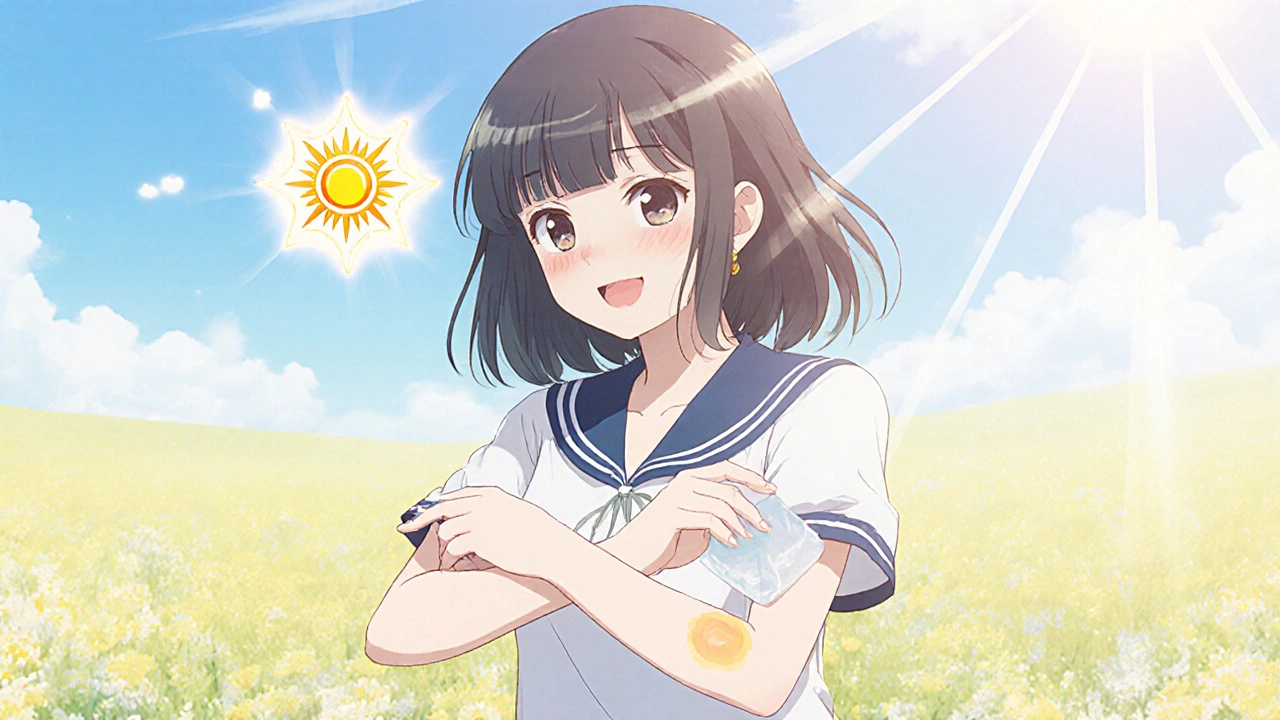 Girl massaging healed skin with silicone gel and sunscreen in sunny meadow.