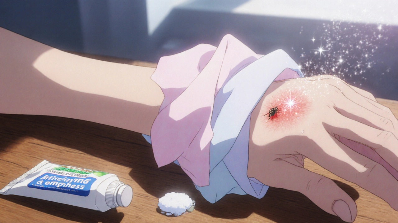 Hand applying a cold compress and cream to an itchy bite with a gentle glow.
