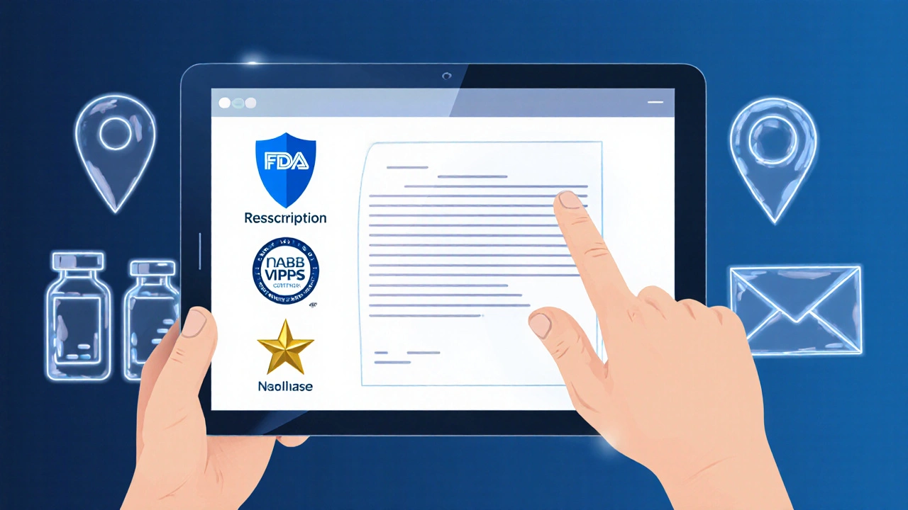 Hand uploading a prescription on a tablet showing FDA and NABP verification icons in a sleek UI.