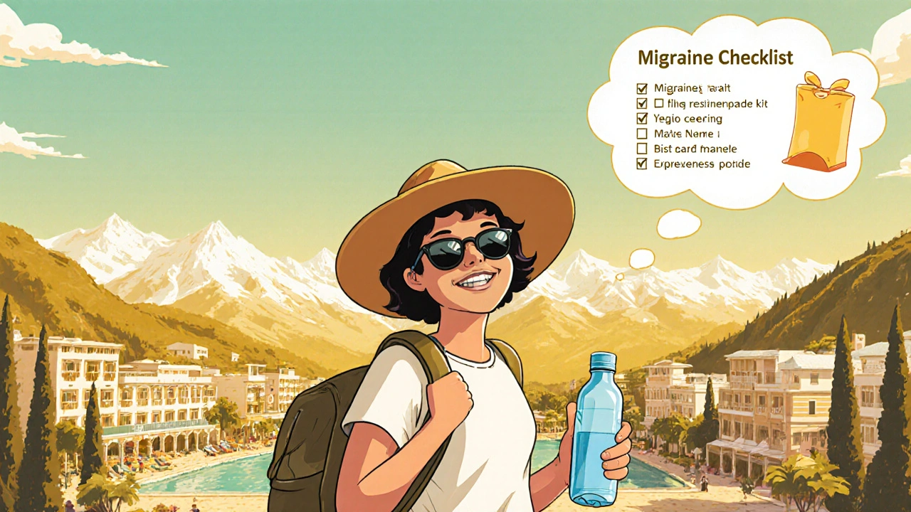 Happy traveler on vacation with sunglasses, water bottle, and a checked checklist bubble.