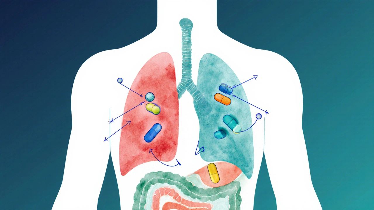 Illustrated human torso highlighting lungs, sinuses, urinary tract with color‑coded antibiotic icons.