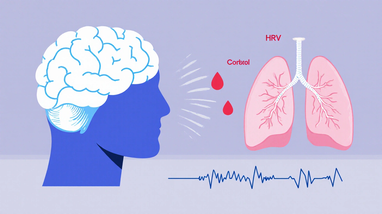 Illustration of brain, lungs, and fading cortisol showing mindfulness benefits.
