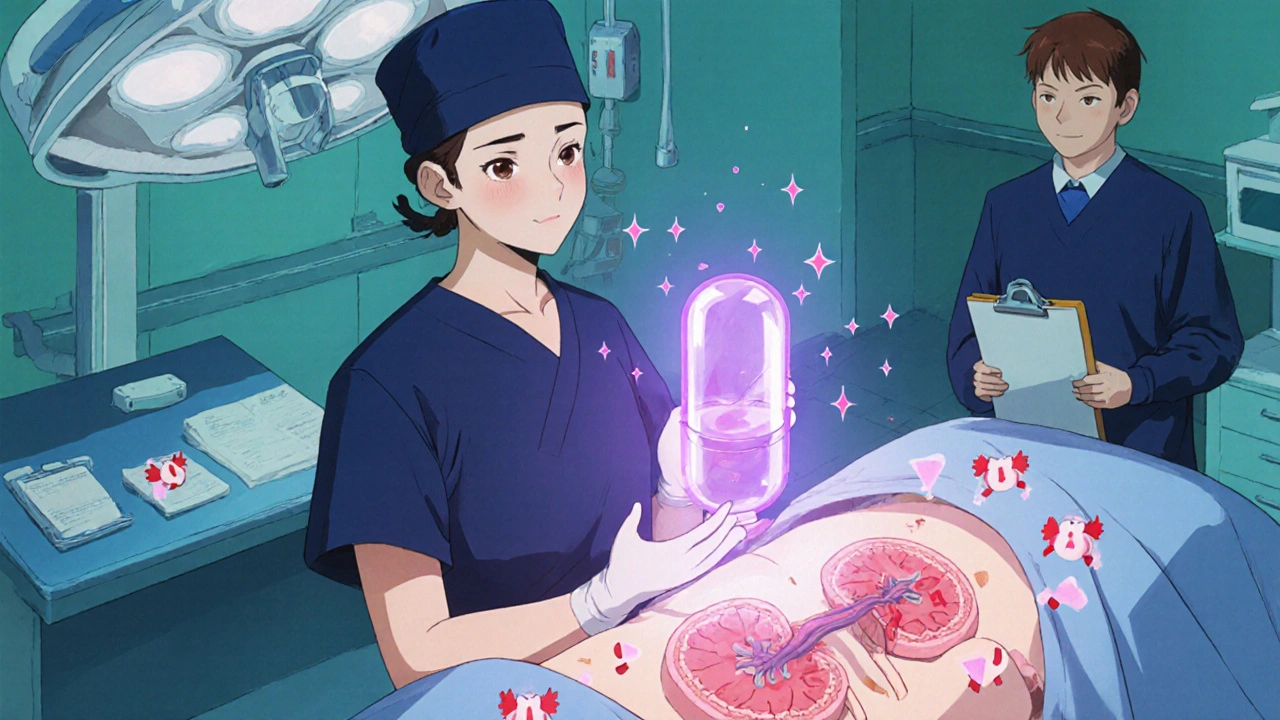 Kidney transplant surgery where a glowing pill suppresses animated T‑cells.