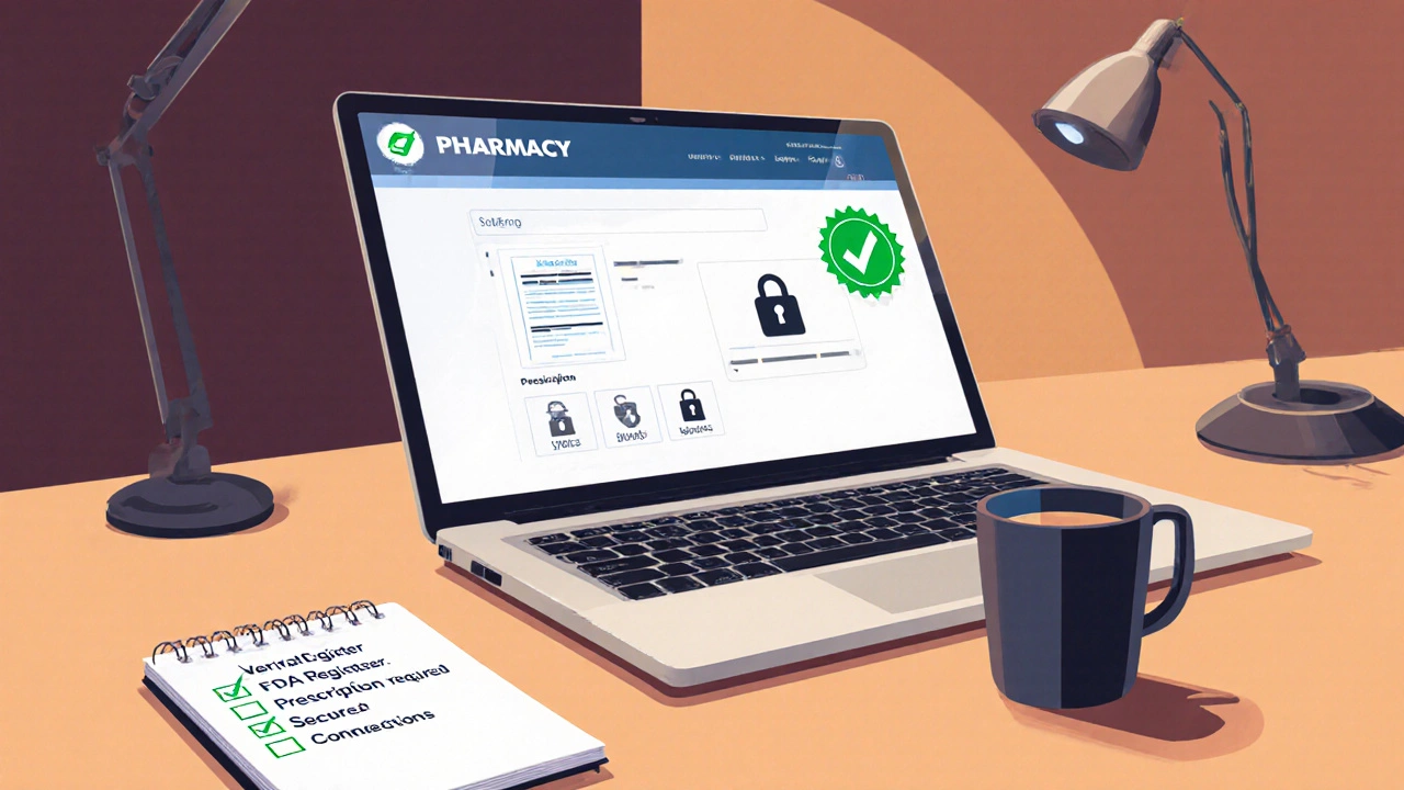 Laptop screen with verification icons and checklist items for a legit online pharmacy.