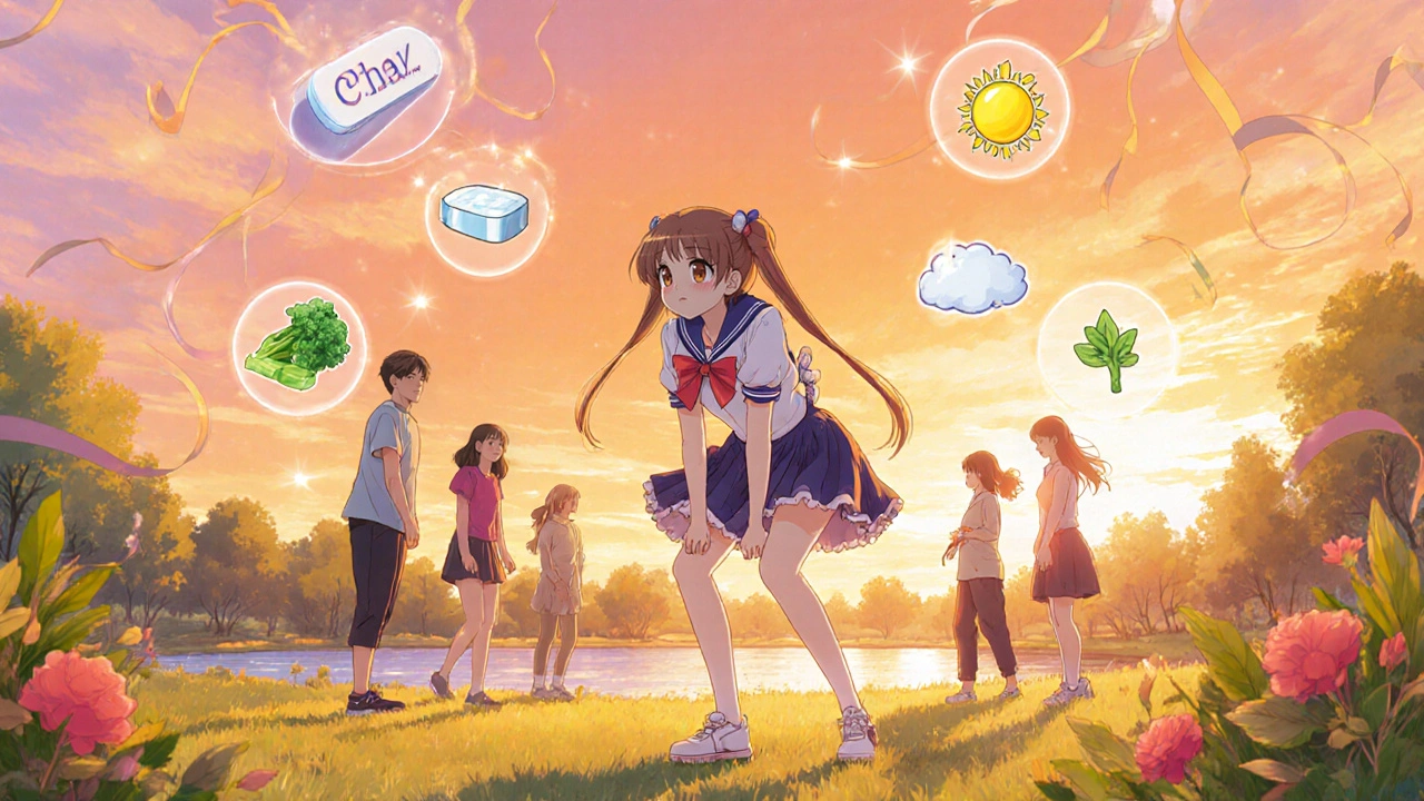 Magical girl leads friends in squats surrounded by calcium and vitamin D icons.