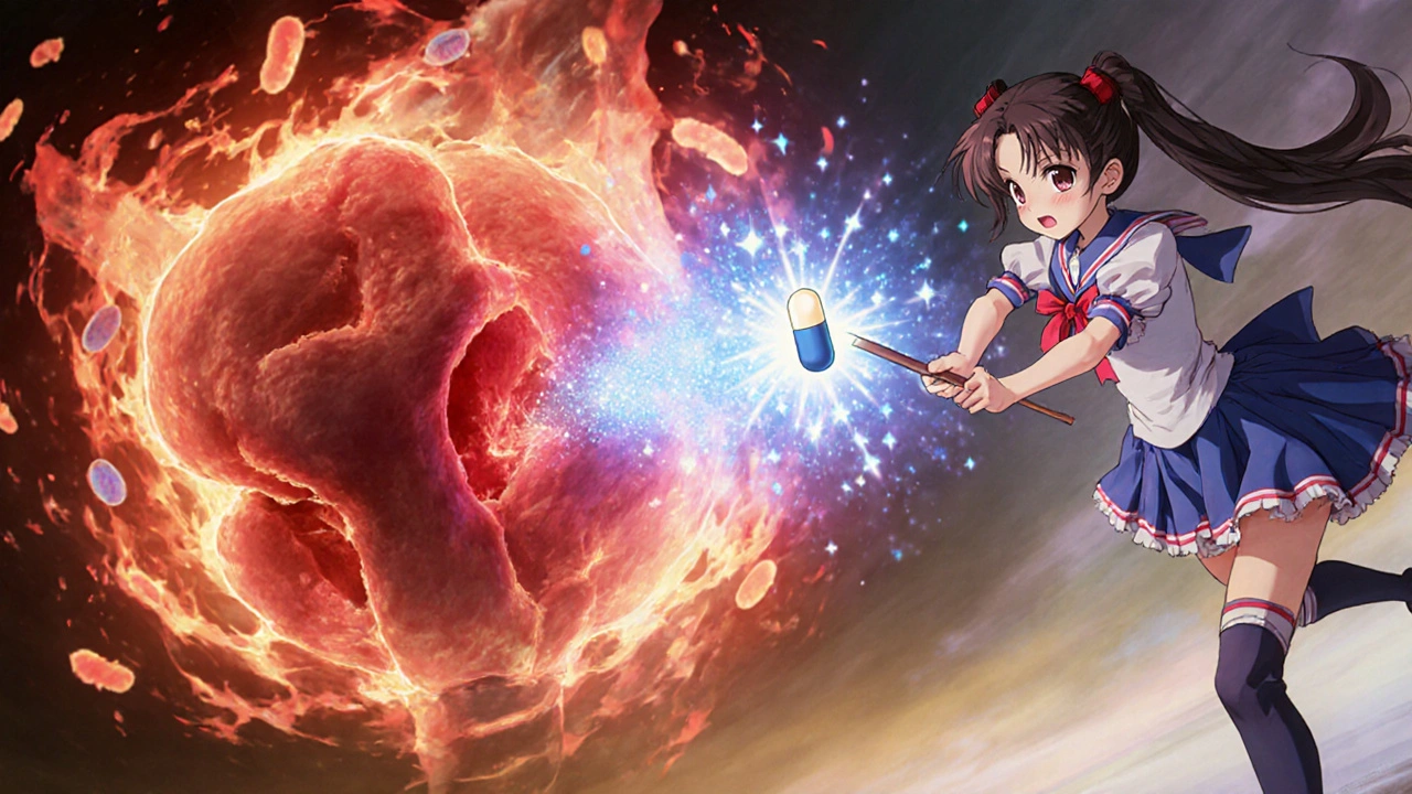 Magical girl uses a wand to calm a red cytokine storm swirling around an inflamed joint.