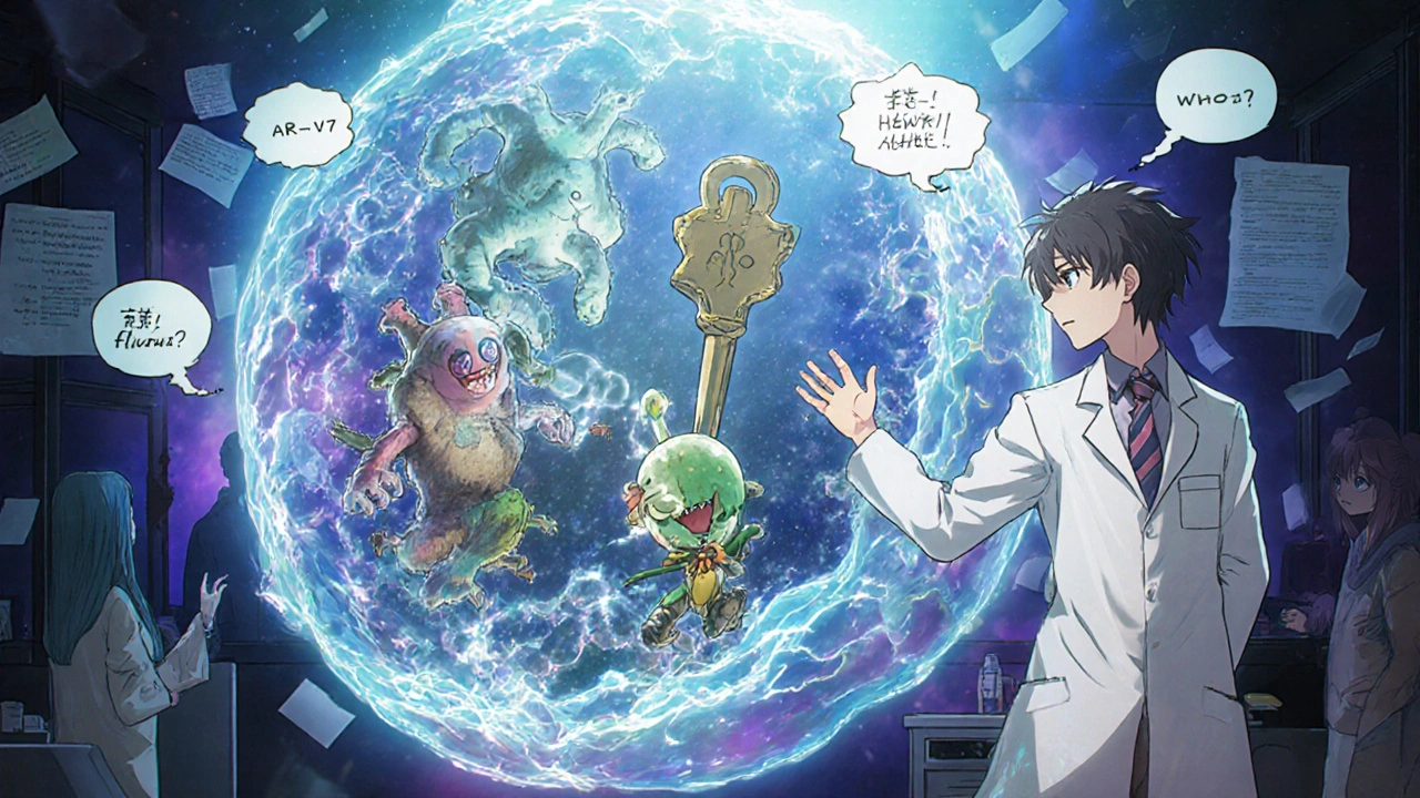 Molecular battle inside a cancer cell: flutamide fights AR-V7 monsters as a scientist reveals a new drug prototype, surrounded by floating research notes.