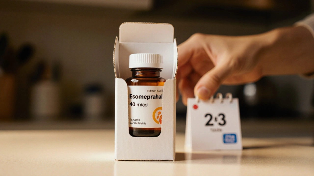 Opened package revealing generic Nexium bottle beside a calendar.