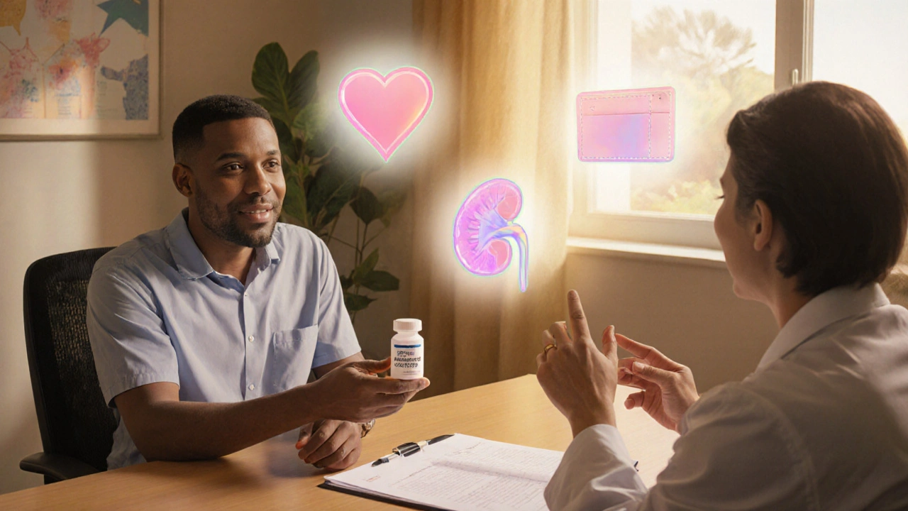 Patient and doctor discussing medication, with heart, kidney, and wallet icons nearby.