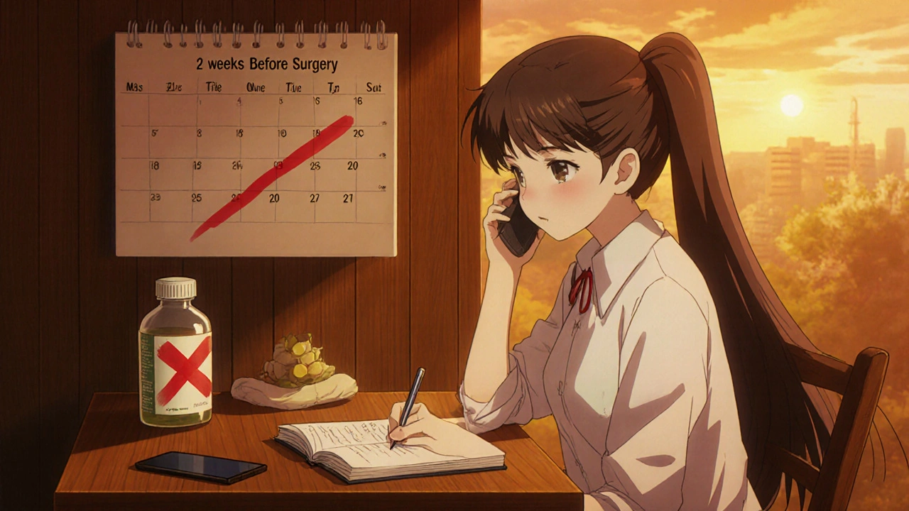 Patient writes supplement list, marks two‑week washout, and calls doctor to stop ginkgo.