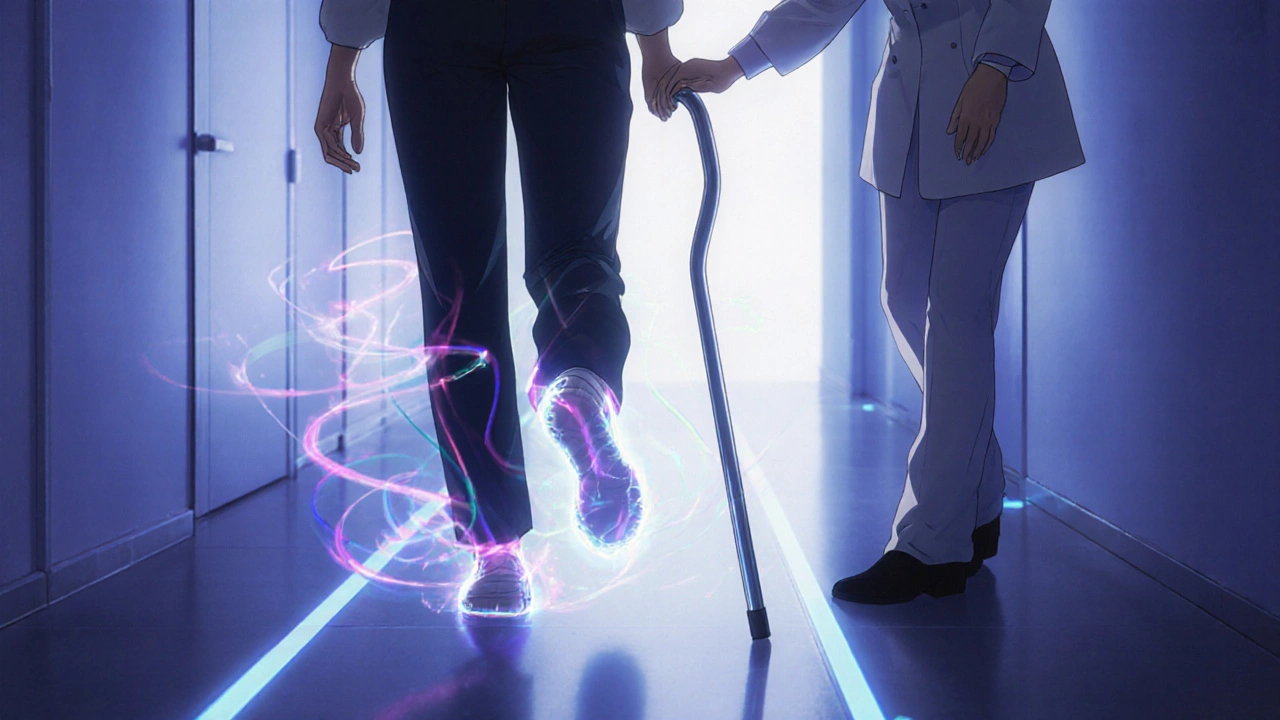 Person freezing mid‑step in a dim hallway, assisted by a therapist with a cane.