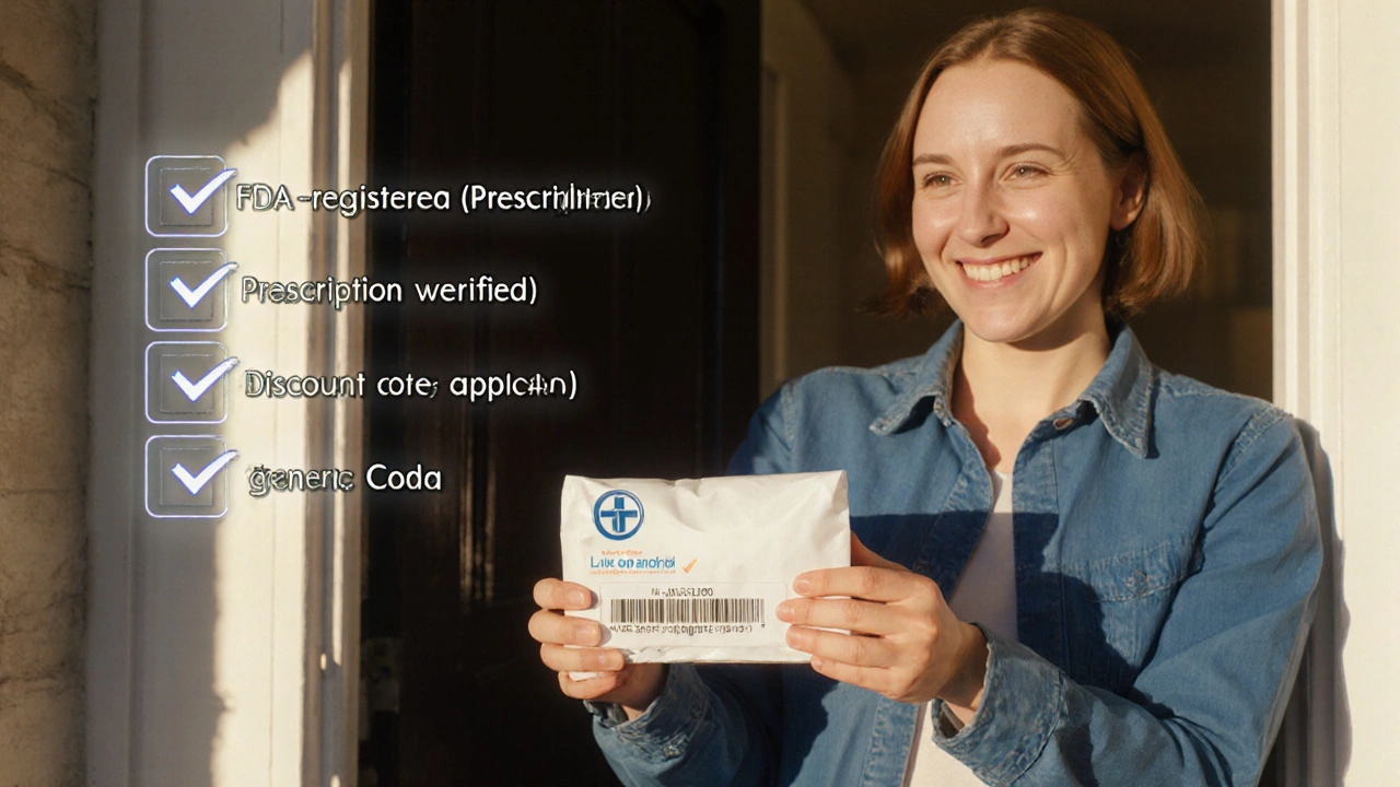 Person opening a parcel with pharmacy medication, checklist icons in background.