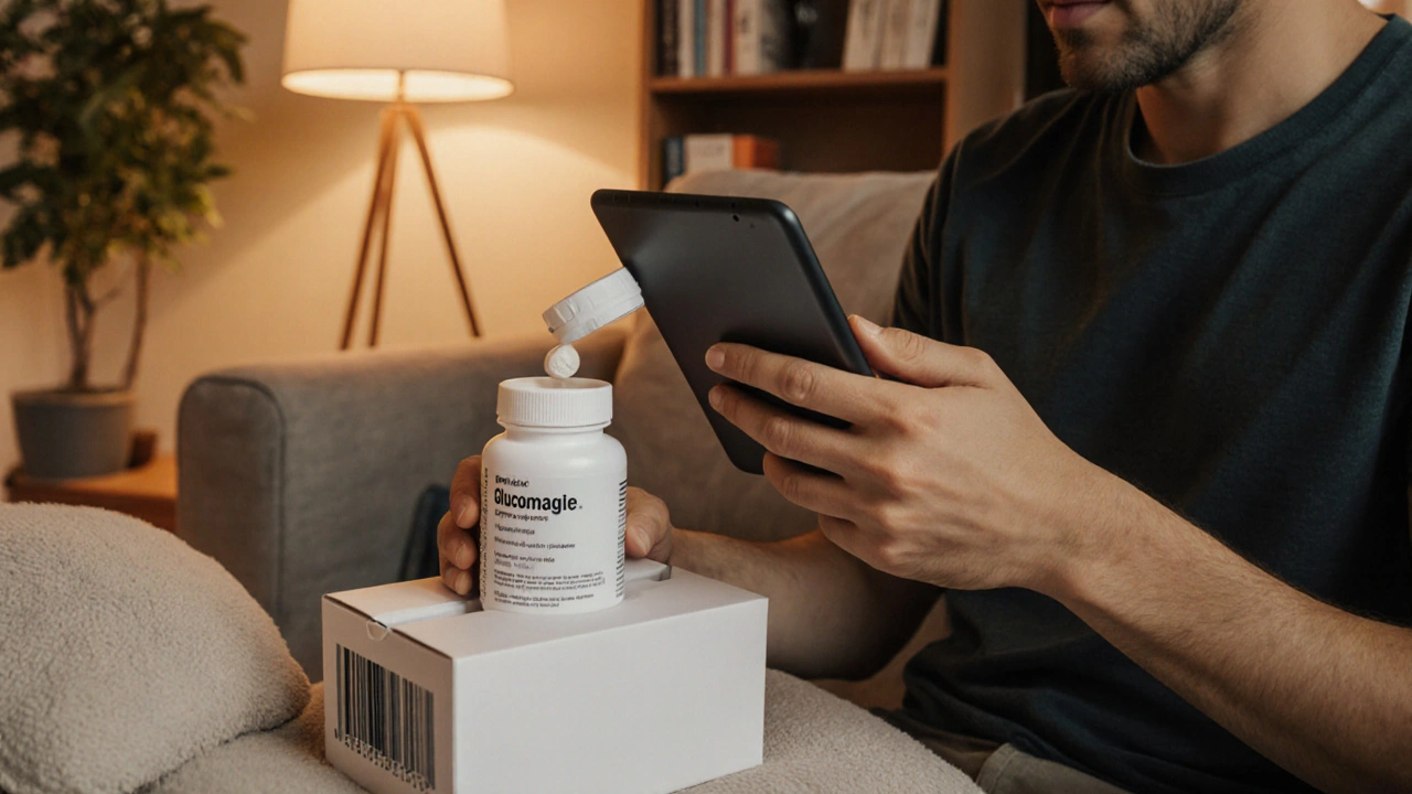 Person opening a white package, inspecting a generic glucophage bottle and tablet in a cozy room.