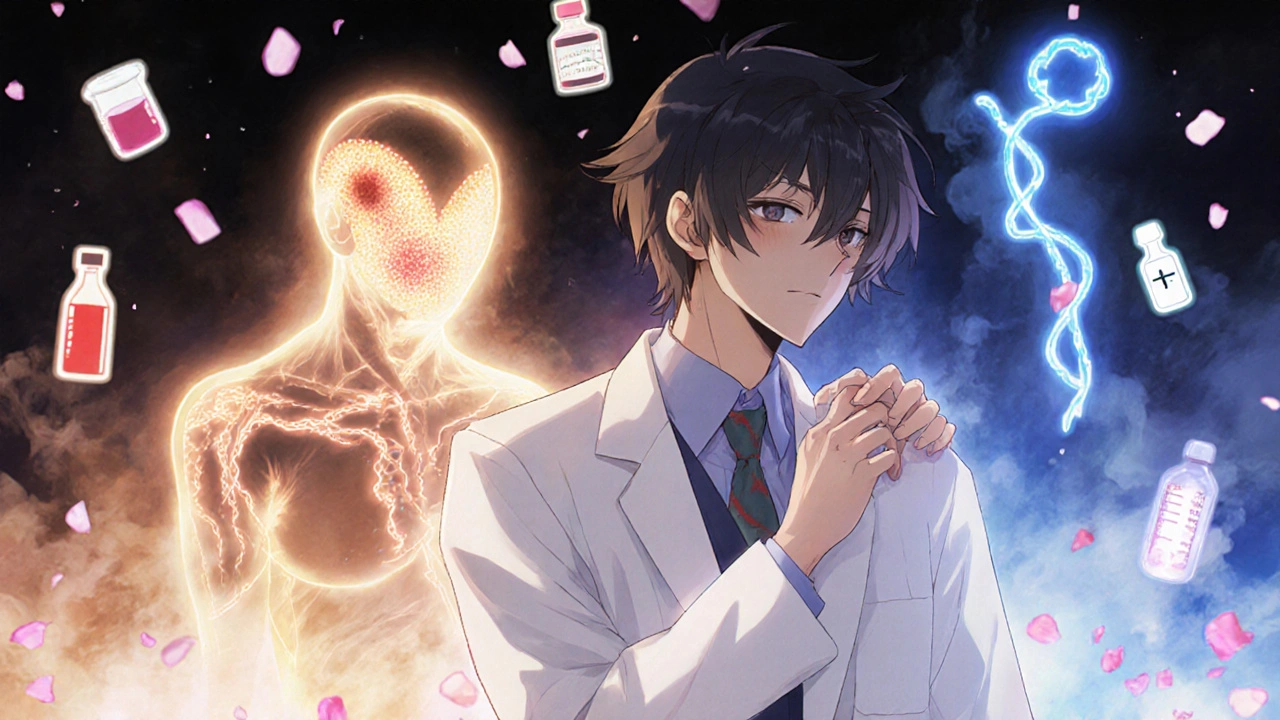 Rheumatologist comforting patient as shingles and clot spirits fade, medical icons floating in warm light.