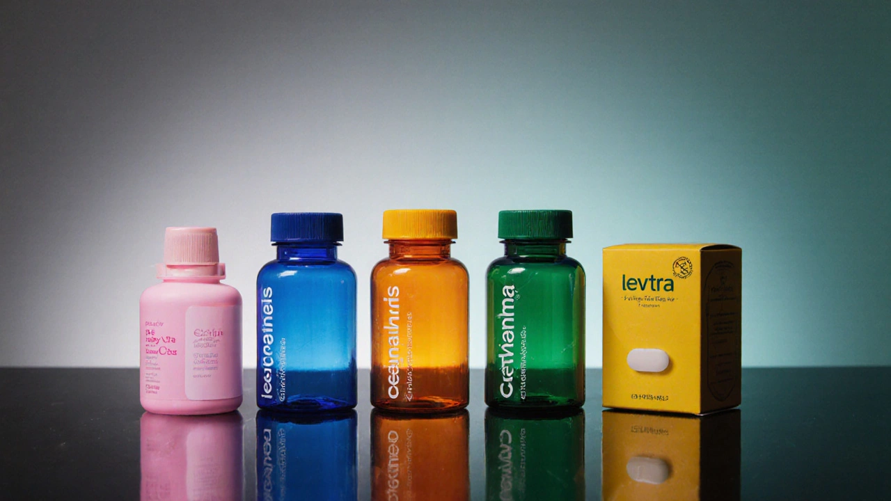 Row of five colored ED medication bottles representing different brands.