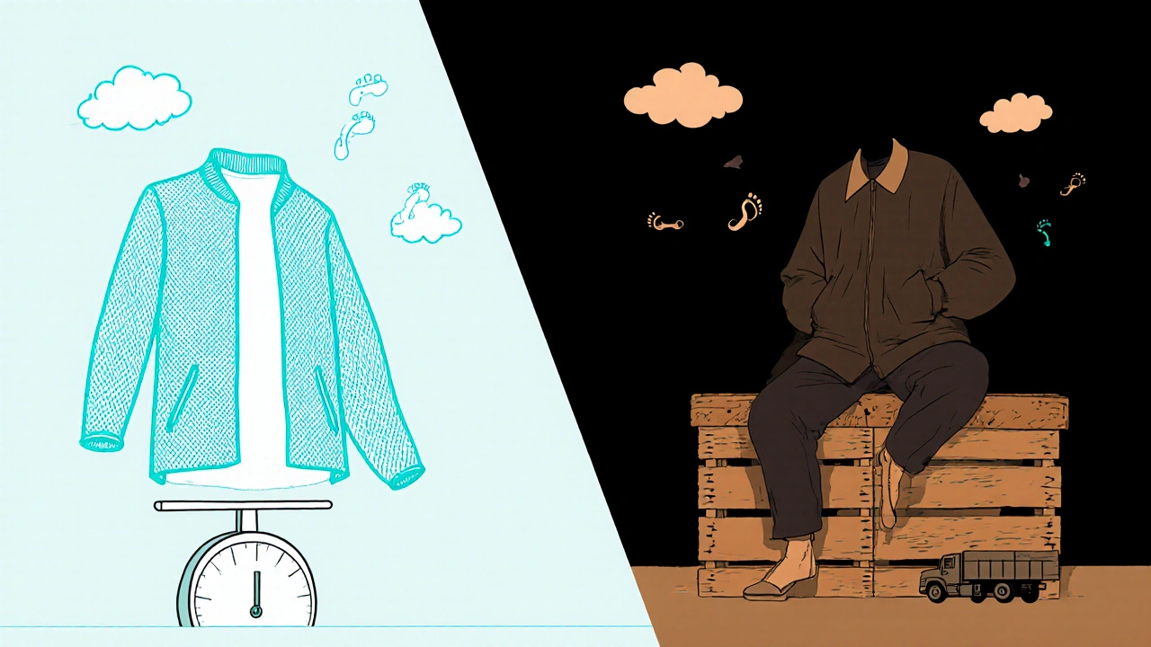 Side‑by‑side illustration of a light bio‑foam jacket versus a heavy cotton coat with emission symbols.