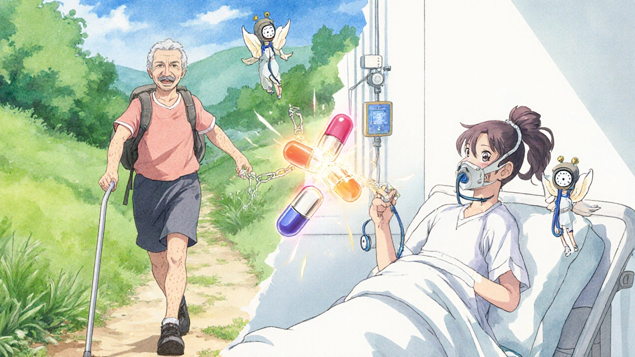 Split scene: healthy hiker on left, hospitalized patient on right, pills breaking between them.