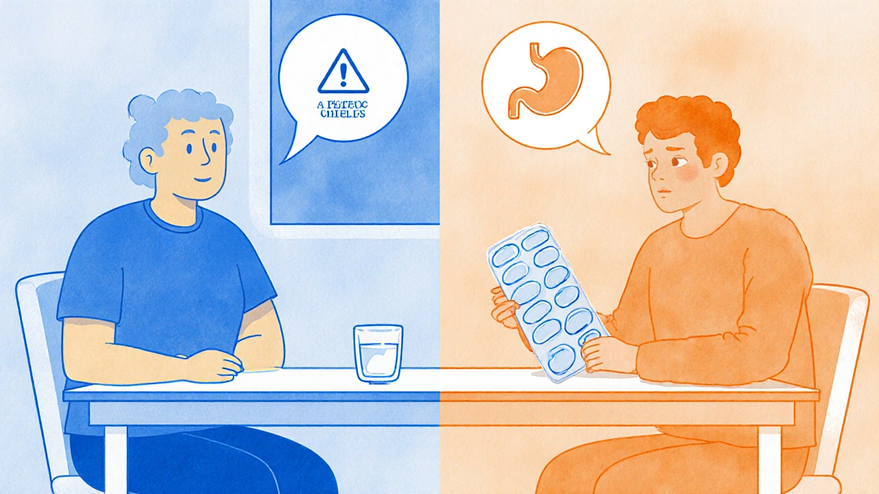 Split scene showing heart and stomach risk icons for two NSAID choices.