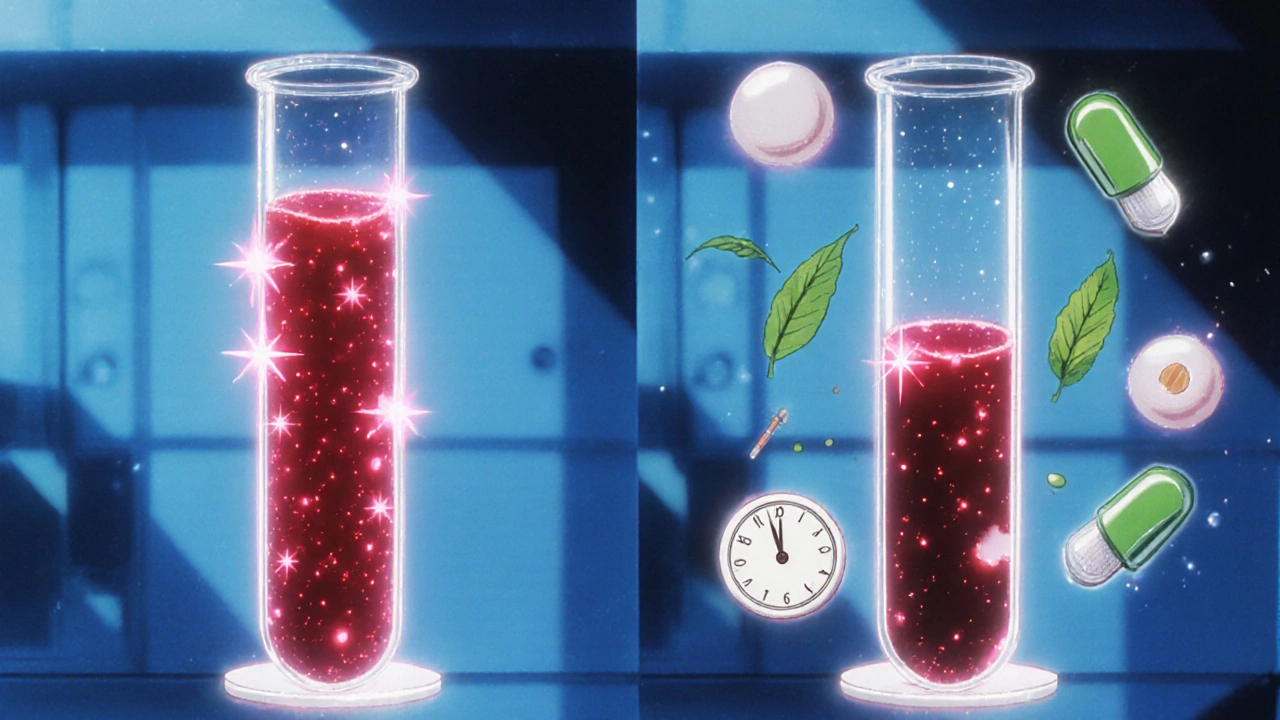 Split view showing normal clot formation versus slowed clot with ginkgo and aspirin.