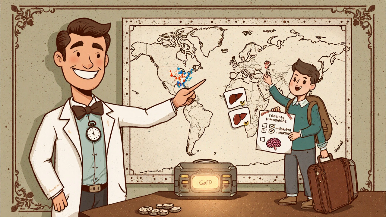 Travel clinic scene with map, doctor, traveler, G6PD test device and cost icons.
