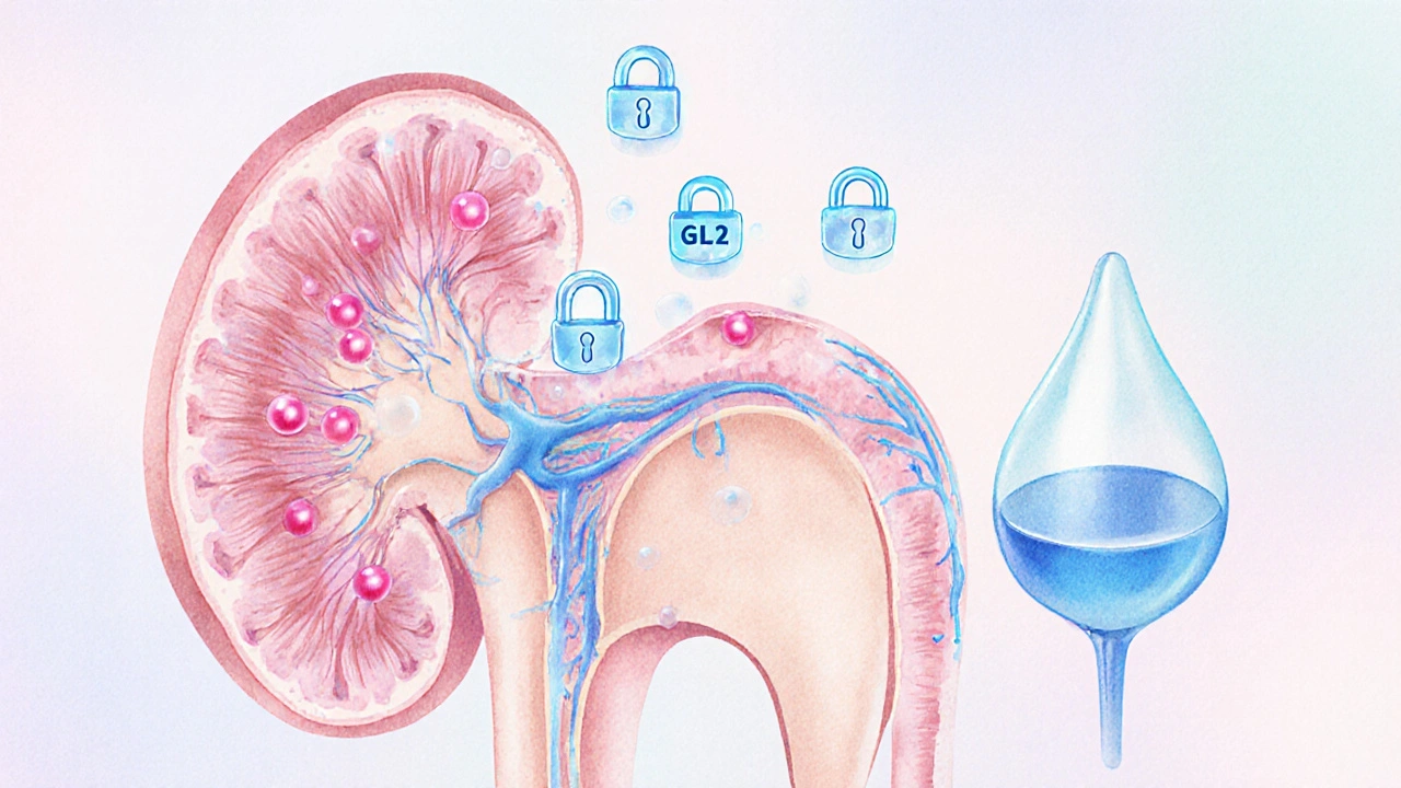Watercolor illustration of a kidney showing SGLT2 inhibitor blocking glucose reabsorption.