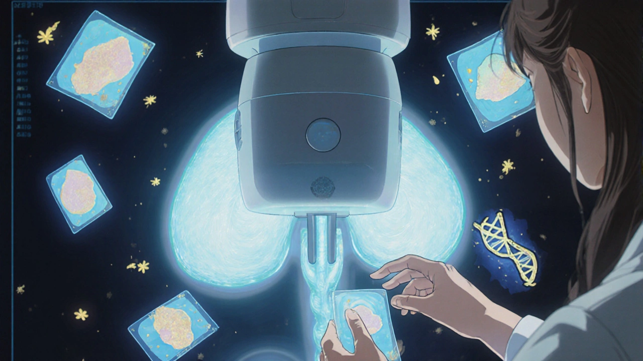 3D mammography machine emitting glowing tissue slices like anime spell cards during a breast scan.