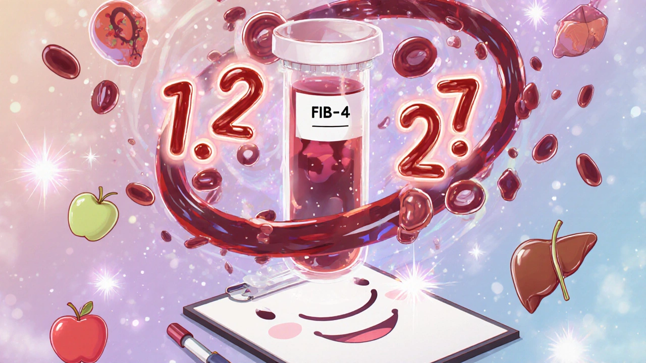A blood test vial transforms into the FIB-4 score with glowing numbers and floating health icons.