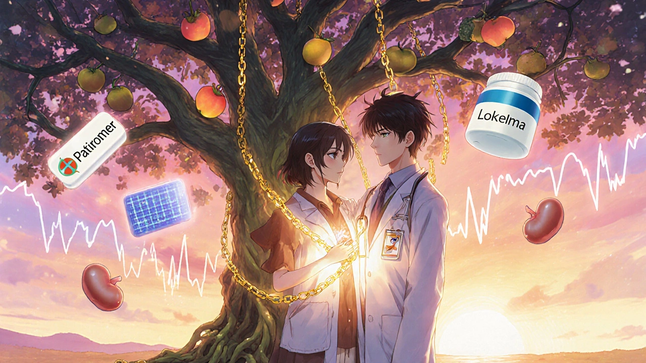 A doctor and patient under a medical tree with healing tablets, potassium chains calming the body in anime style.
