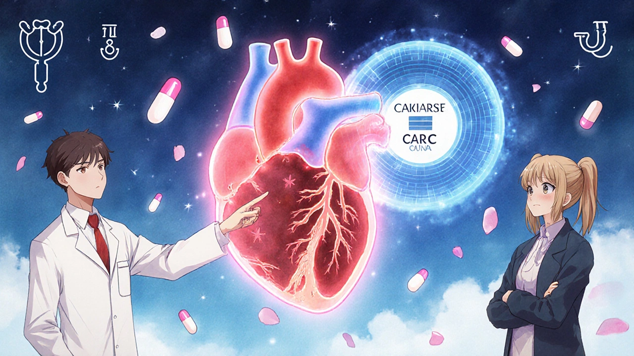 A doctor displays a translucent heart with coronary plaque layers, showing high and low CAC scores in magical light.