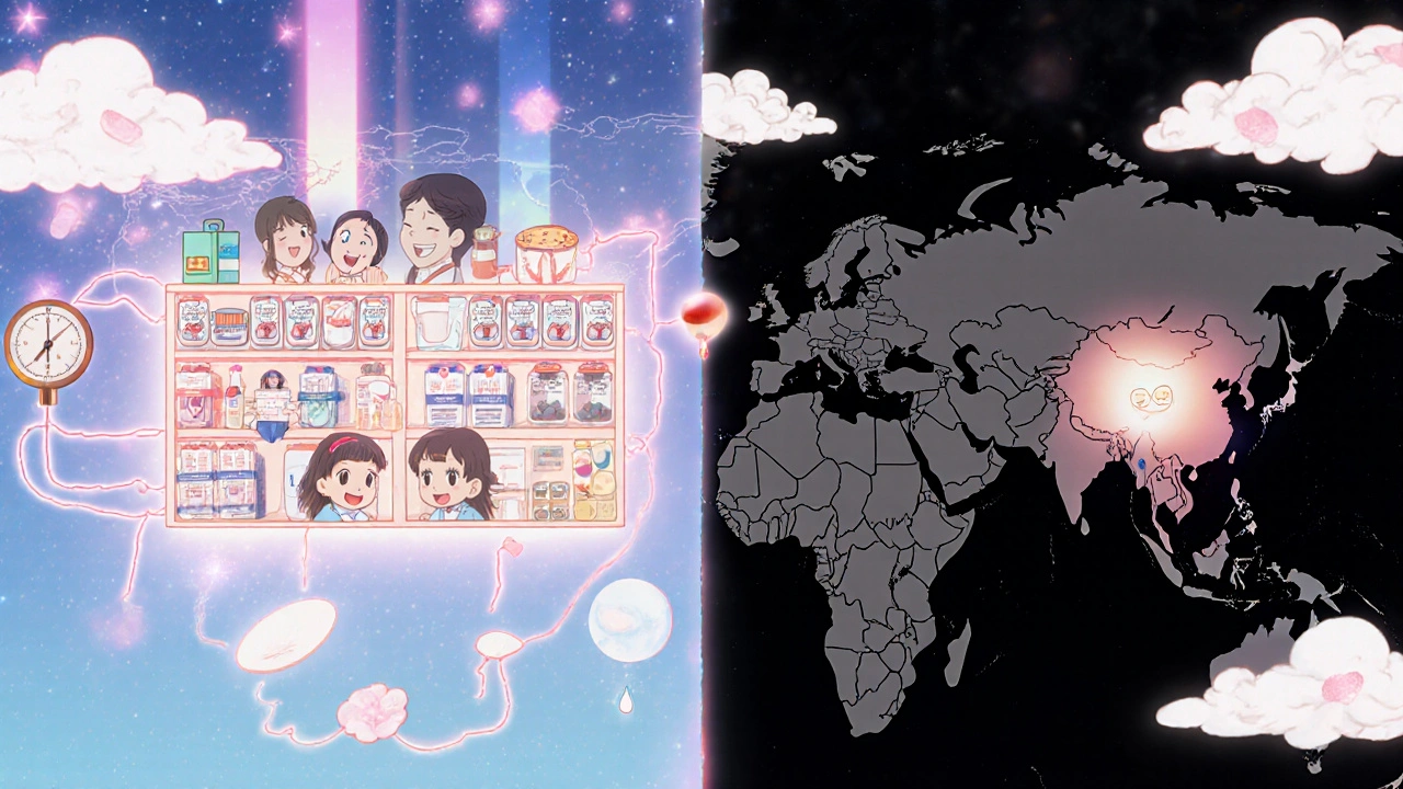 A glowing global map contrasts full medicine shelves in wealthy nations with empty ones in poorer regions.