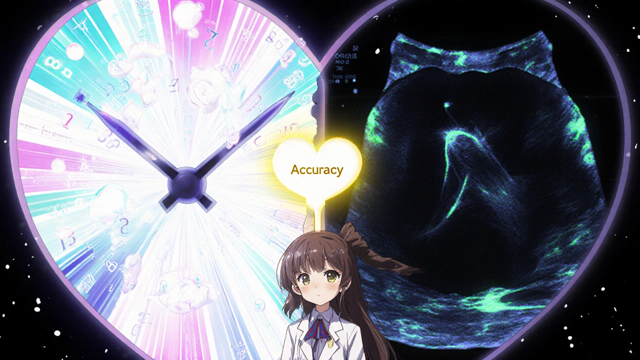 A heart-shaped clock showing echo and MRI as complementary diagnostic faces.